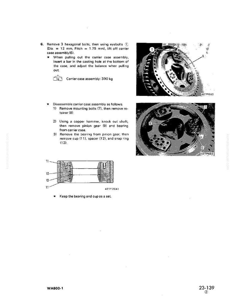 Może przedstawiać: Schemat techniczny z instrukcjami demontażu zespołu obudowy nośnej. Zawiera ilustracje element&oacute;w mechanicznych, wymiary w mm i instrukcje tekstowe. Schemat przedstawia r&oacute;wnież przekr&oacute;j poprzeczny zespołu łożyska i miseczki.
