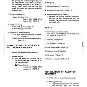 May include: A detailed technical manual page with instructions for removing and installing hydraulic oil cooler and radiator assemblies. Includes diagrams and steps for draining fluids and refilling, with measurements in fluid ounces.