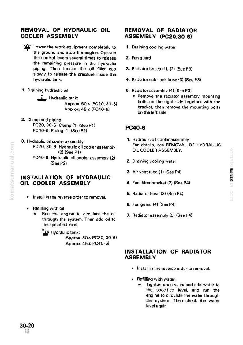 May include: A detailed technical manual page with instructions for removing and installing hydraulic oil cooler and radiator assemblies. Includes diagrams and steps for draining fluids and refilling, with measurements in fluid ounces.