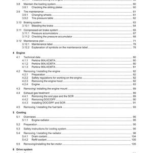 May include: A detailed contents page from a Weidemann manual, listing engine and vehicle maintenance procedures. Includes sections on fuel systems, brakes, and cooling systems. The document is in English.
