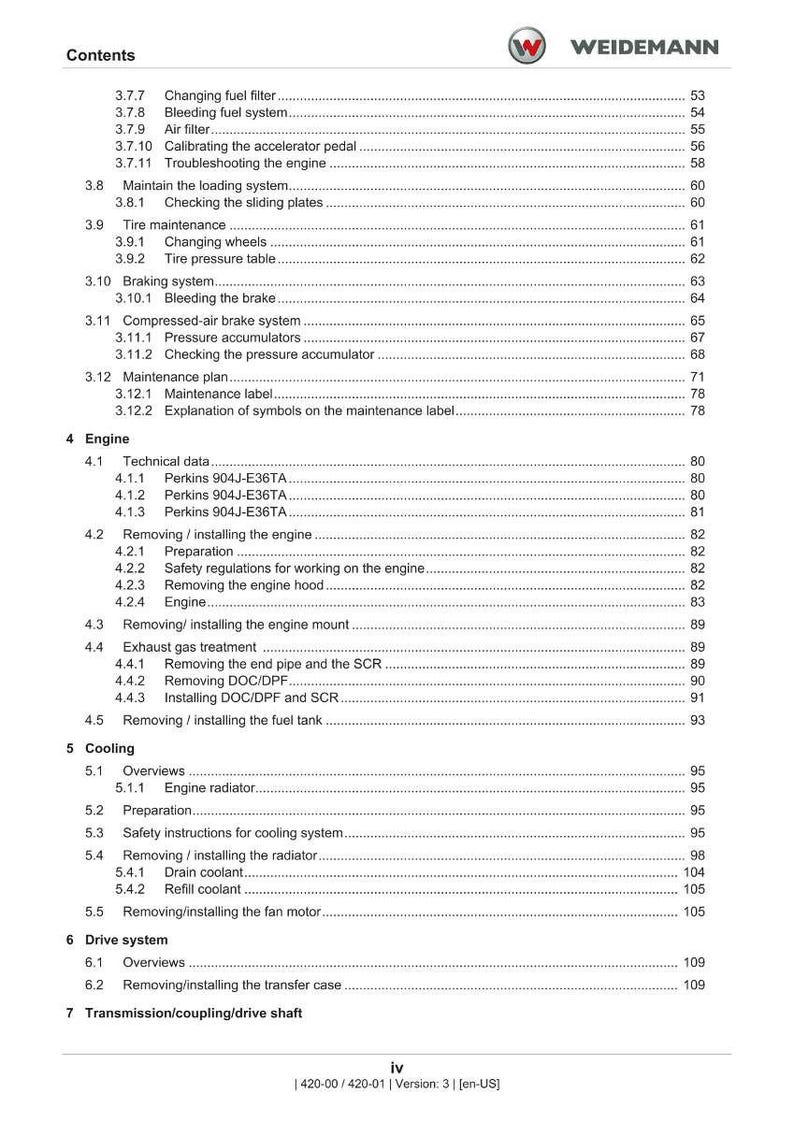 May include: A detailed contents page from a Weidemann manual, listing engine and vehicle maintenance procedures. Includes sections on fuel systems, brakes, and cooling systems. The document is in English.