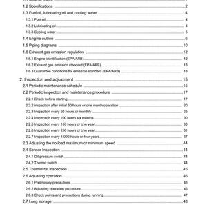 May include: A detailed table of contents from a manual, with sections on engine maintenance, inspection, and troubleshooting. The text is black on a white background, with headings and page numbers.