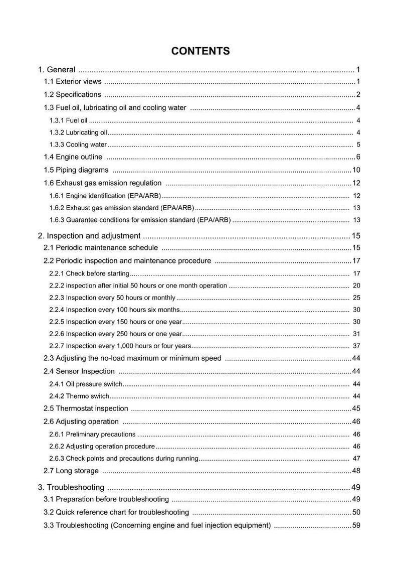 May include: A detailed table of contents from a manual, with sections on engine maintenance, inspection, and troubleshooting. The text is black on a white background, with headings and page numbers.