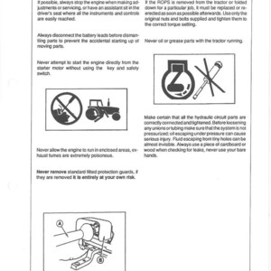 May include: A safety regulations document with text and diagrams. The document warns about asbestos, engine operation, and hydraulic safety. Includes diagrams of a tractor and safety symbols.