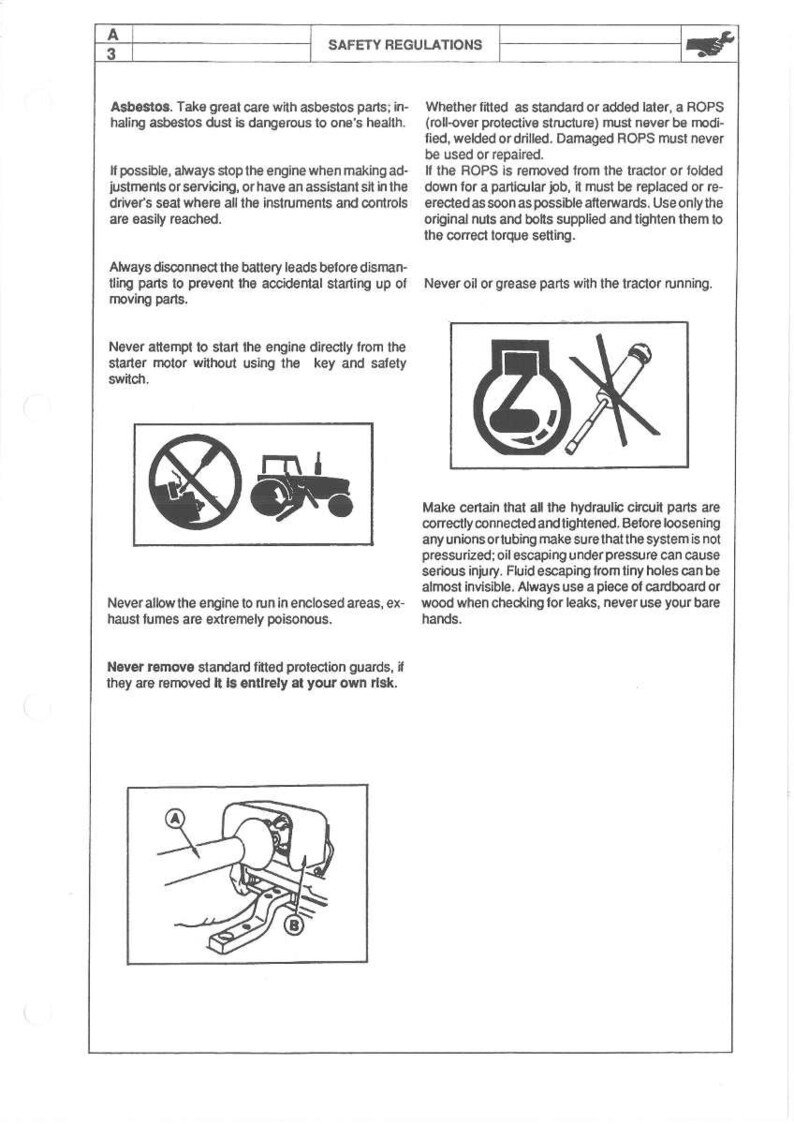 May include: A safety regulations document with text and diagrams. The document warns about asbestos, engine operation, and hydraulic safety. Includes diagrams of a tractor and safety symbols.