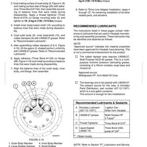 May include: Diagram of a drive line adapter damper assembly with labeled parts, including outer and inner body members, rubber dampers, and grease area. Instructions and recommended lubricants are also listed.