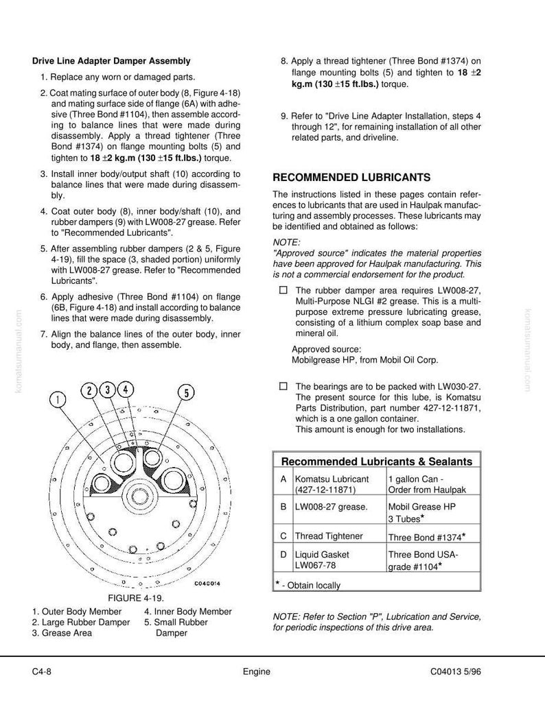 May include: Diagram of a drive line adapter damper assembly with labeled parts, including outer and inner body members, rubber dampers, and grease area. Instructions and recommended lubricants are also listed.