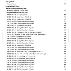 May include: A white page with a list of automotive diagnostic trouble codes, including "Closing Wheel Controller (CWC) Codes" and related system descriptions. The page also includes a table of contents and page numbers.