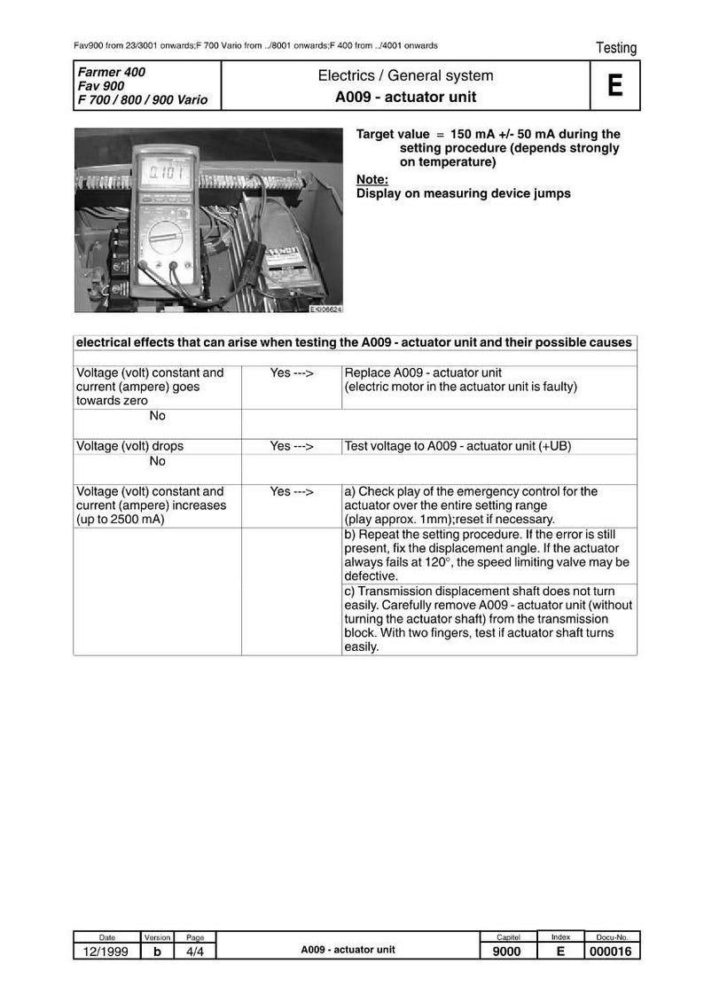 May include: Image of an electrical system diagram with text. The diagram includes a multimeter displaying 0.101. Text includes "A009-actuator unit" and troubleshooting steps. The document is labeled "Testing".