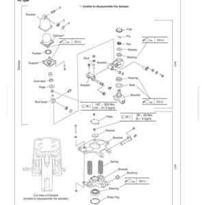 Puede incluir: Diagrama detallado de un conjunto de rueda giratoria, que muestra componentes como soportes, cojinetes y muelles. Se proporcionan especificaciones de par en Newton-metros y kilogramo-metros. El texto "CASTER WHEEL" est&aacute; en la parte superior.