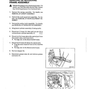 May include: A page from a manual detailing the removal of a revolving frame assembly. The text includes numbered steps and diagrams with labels. The diagrams show mechanical components and their connections. The page is labeled "DISASSEMBLY AND ASSEMBLY".