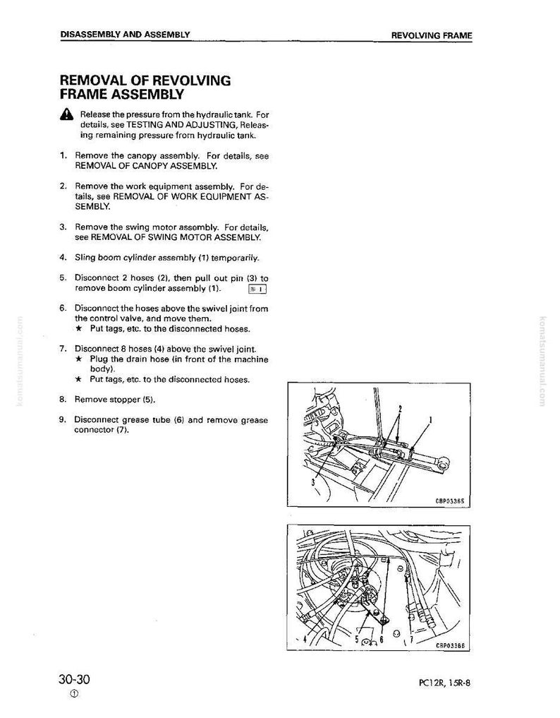 May include: A page from a manual detailing the removal of a revolving frame assembly. The text includes numbered steps and diagrams with labels. The diagrams show mechanical components and their connections. The page is labeled "DISASSEMBLY AND ASSEMBLY".