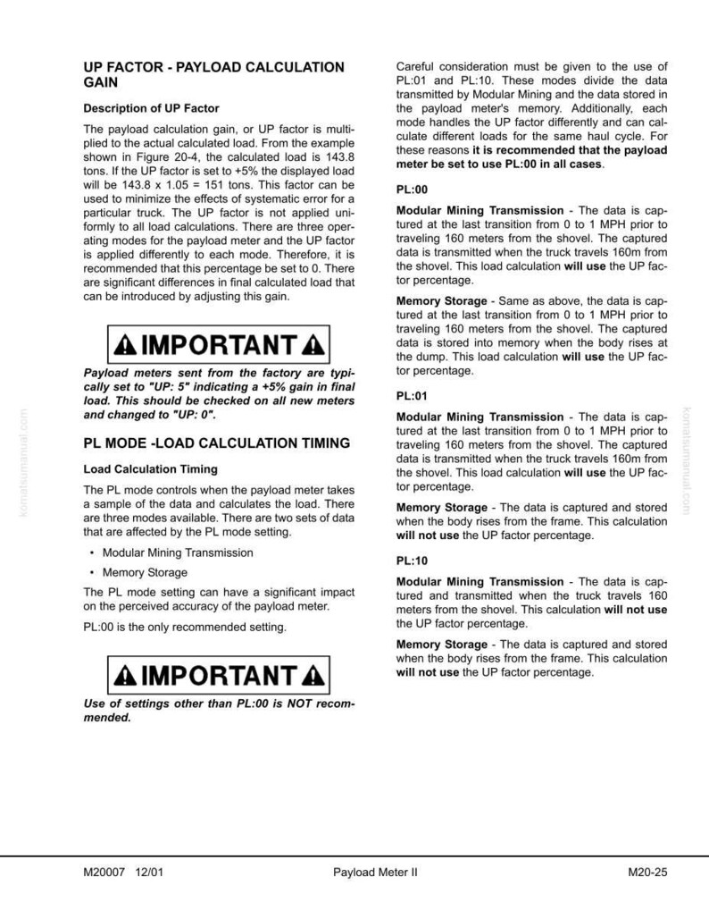 K&ouml;nnte beinhalten: Ein technisches Dokument mit dem Titel "UP FACTOR - PAYLOAD CALCULATION GAIN", das die Nutzlastberechnung und die PL-Moduseinstellungen erl&auml;utert. Enth&auml;lt Diagramme und Warnhinweise. Dokument f&uuml;r einen Payload Meter II.