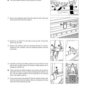 May include: Diagram of radiator disassembly and assembly instructions. The image shows detailed illustrations of the process, including removing hoses, stabilizing links, and mounting brackets. Text instructions accompany the diagrams, guiding the user through each step.