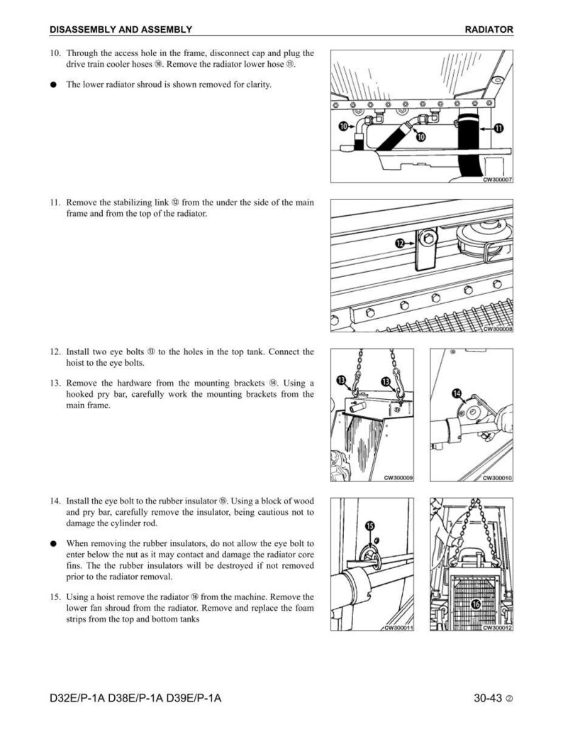 May include: Diagram of radiator disassembly and assembly instructions. The image shows detailed illustrations of the process, including removing hoses, stabilizing links, and mounting brackets. Text instructions accompany the diagrams, guiding the user through each step.