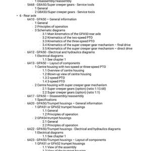 May include: A detailed technical diagram with multiple sections and sub-sections, including "Rear axle," "Electrical diagrams," and "Trumpet housings." The text is in black font on a white background, providing a comprehensive overview of mechanical components.