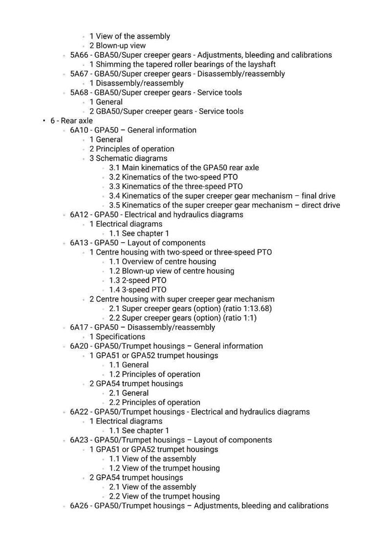 May include: A detailed technical diagram with multiple sections and sub-sections, including "Rear axle," "Electrical diagrams," and "Trumpet housings." The text is in black font on a white background, providing a comprehensive overview of mechanical components.