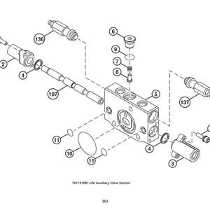 Op de afbeelding: Een zwart-wit diagram van een hulpklepsectie, met verschillende genummerde componenten. De afbeelding toont gedetailleerde mechanische onderdelen, waaronder bouten, afdichtingen en een klephuis. De tekst "TX1191881" is zichtbaar.