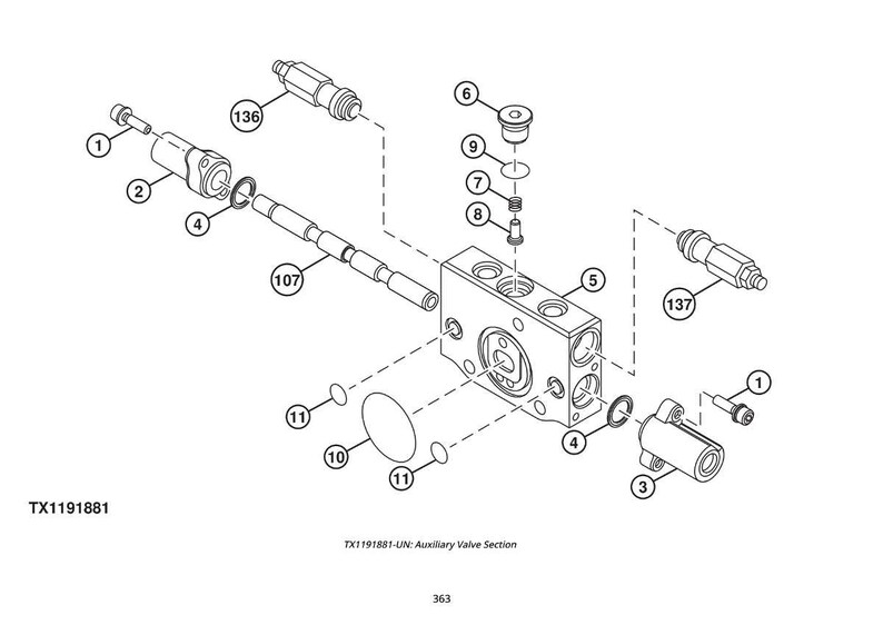 Op de afbeelding: Een zwart-wit diagram van een hulpklepsectie, met verschillende genummerde componenten. De afbeelding toont gedetailleerde mechanische onderdelen, waaronder bouten, afdichtingen en een klephuis. De tekst "TX1191881" is zichtbaar.