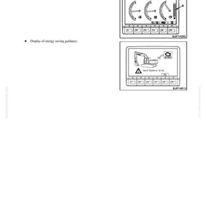 Puede incluir: Diagrama de un monitor de m&aacute;quina con funciones especiales. La imagen superior muestra una pantalla de indicador ECO con m&uacute;ltiples indicadores. La imagen inferior muestra una gu&iacute;a de ahorro de energ&iacute;a con un icono de excavadora y texto.