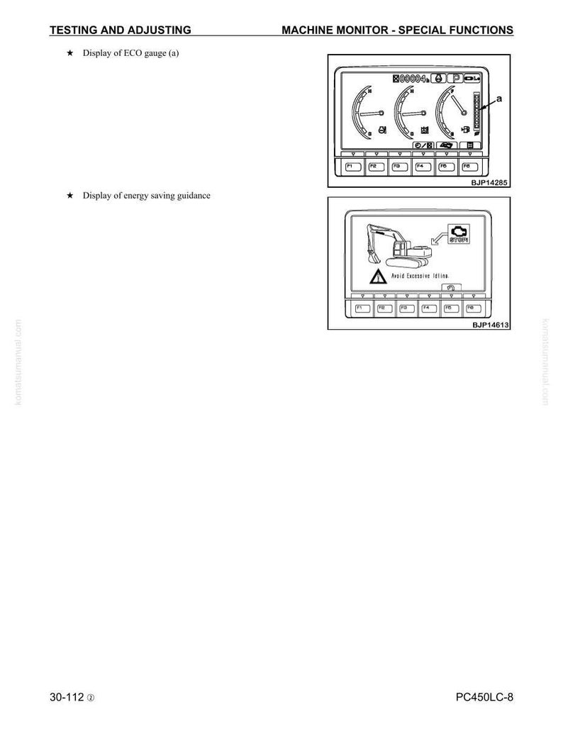 Puede incluir: Diagrama de un monitor de m&aacute;quina con funciones especiales. La imagen superior muestra una pantalla de indicador ECO con m&uacute;ltiples indicadores. La imagen inferior muestra una gu&iacute;a de ahorro de energ&iacute;a con un icono de excavadora y texto.