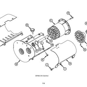 May include: An exploded diagram of a gearbox, with various components labeled A through Q. The image is in black and white, showing the internal parts of the mechanical device. The text "A87862-UN: Gearbox" is at the bottom.