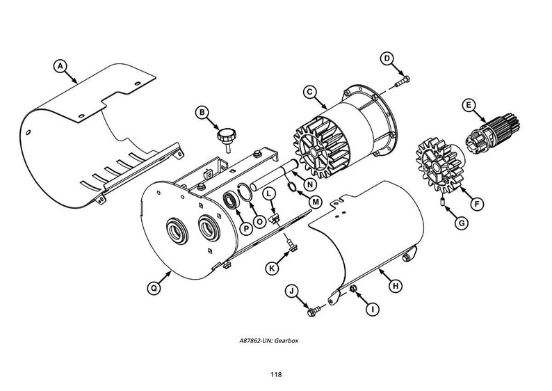 May include: An exploded diagram of a gearbox, with various components labeled A through Q. The image is in black and white, showing the internal parts of the mechanical device. The text "A87862-UN: Gearbox" is at the bottom.