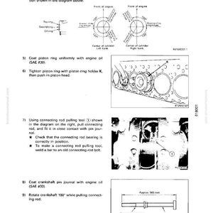 May include: Technical diagram from a manual showing engine assembly steps. Includes illustrations of piston rings, piston ring holder, and connecting rod pulling tool. Measurements are in millimeters.