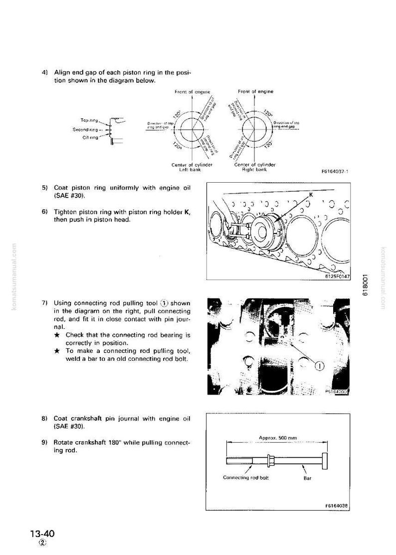 May include: Technical diagram from a manual showing engine assembly steps. Includes illustrations of piston rings, piston ring holder, and connecting rod pulling tool. Measurements are in millimeters.