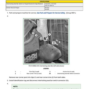 K&ouml;nnte beinhalten: Diagramm zum Aus- und Einbau einer Sitzstange. Spezifikationen: Luftspalt (12,0-17,0 mm) und Anzugsdrehmoment der Mutter (87 N-m). Das Bild zeigt Zierclips, hintere Eckverkleidungen und Anker-Muttern.