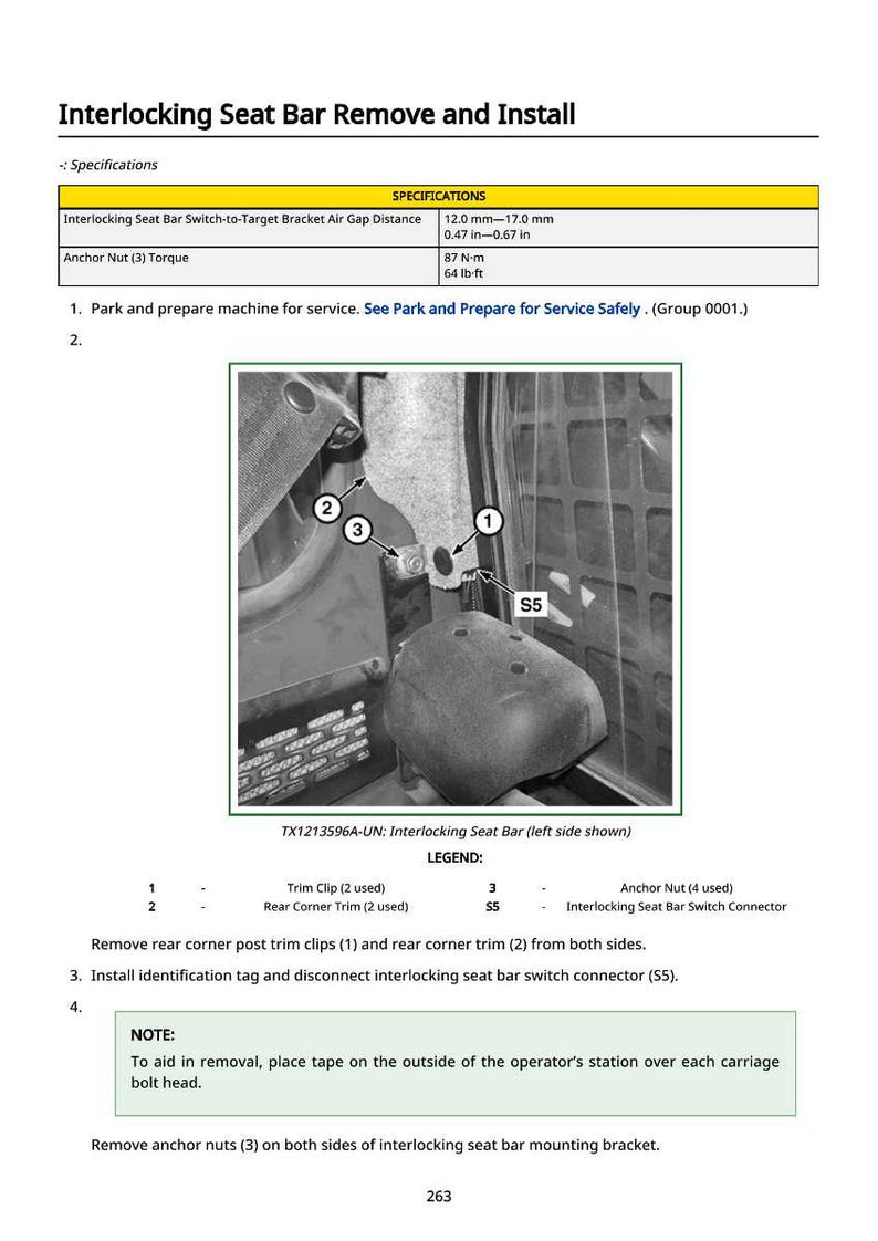 K&ouml;nnte beinhalten: Diagramm zum Aus- und Einbau einer Sitzstange. Spezifikationen: Luftspalt (12,0-17,0 mm) und Anzugsdrehmoment der Mutter (87 N-m). Das Bild zeigt Zierclips, hintere Eckverkleidungen und Anker-Muttern.