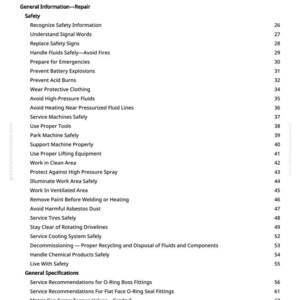 May include: A page from a manual titled "Table of Contents." The text lists safety topics, including fire prevention, emergency preparation, and handling fluids. Other sections cover general information, service recommendations, and fuel.