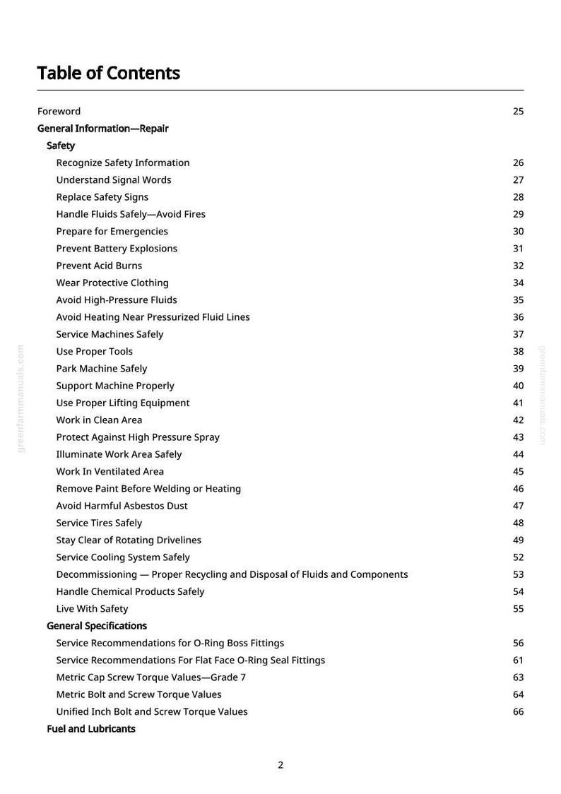May include: A page from a manual titled "Table of Contents." The text lists safety topics, including fire prevention, emergency preparation, and handling fluids. Other sections cover general information, service recommendations, and fuel.