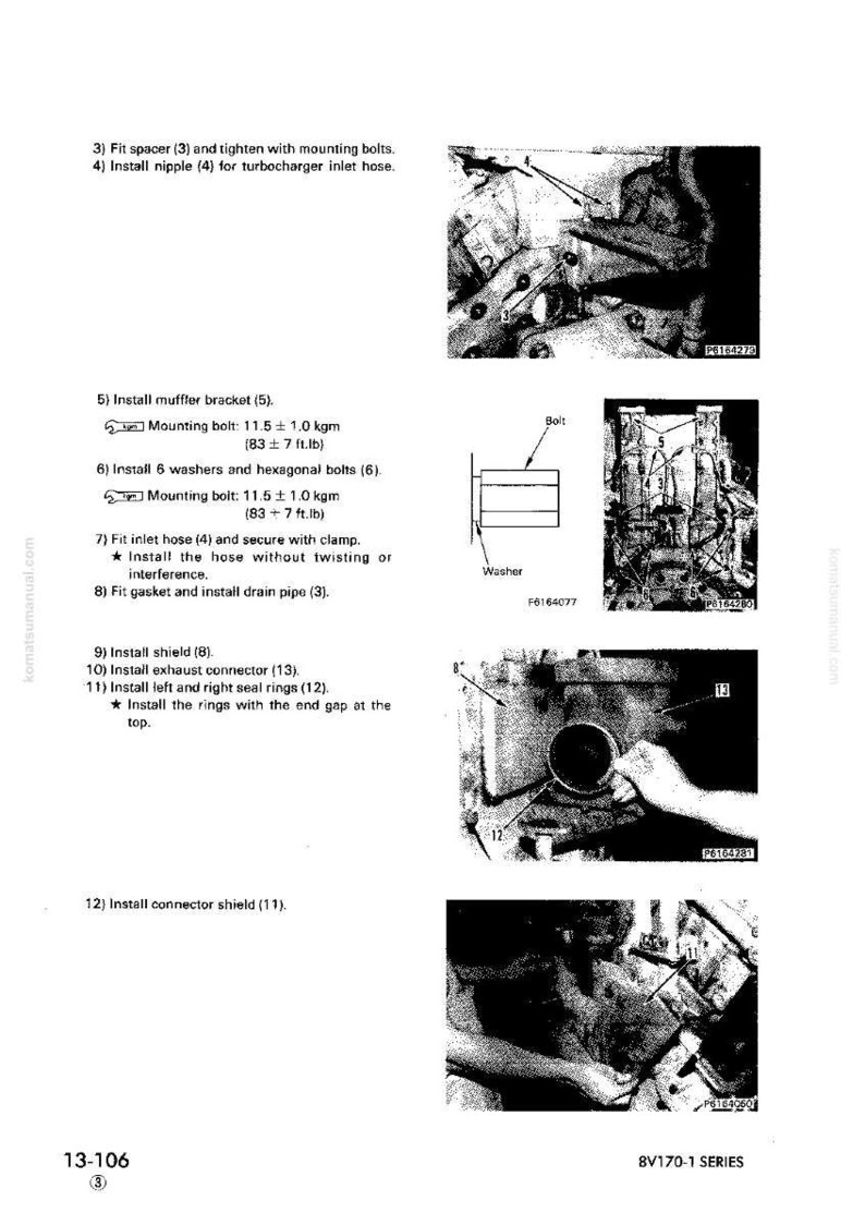 May include: Diagram from a Komatsu manual showing the installation of various engine components, including bolts, washers, and hoses. The image includes detailed instructions and part numbers for the 8V170-1 series.