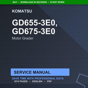 May include: A dark blue digital image featuring the Komatsu brand name and the model numbers GD655-3E0 and GD675-3E0. The text "Motor Grader" is below the model numbers. The image also includes the words "Service Manual".