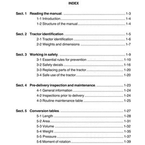 May include: A page from a manual with the title "INTRODUCTION" and "CHAP. 1 INDEX". The table of contents includes sections on reading the manual, tractor identification, working in safety, pre-delivery inspection, and conversion tables.