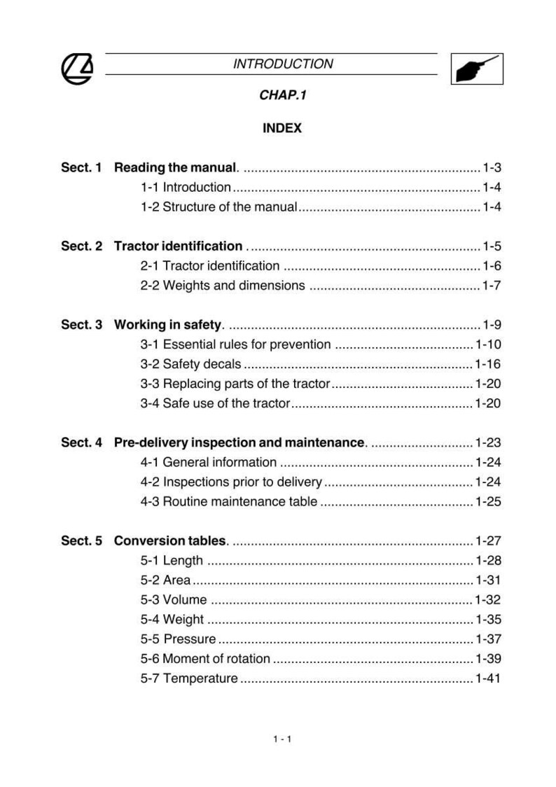May include: A page from a manual with the title "INTRODUCTION" and "CHAP. 1 INDEX". The table of contents includes sections on reading the manual, tractor identification, working in safety, pre-delivery inspection, and conversion tables.