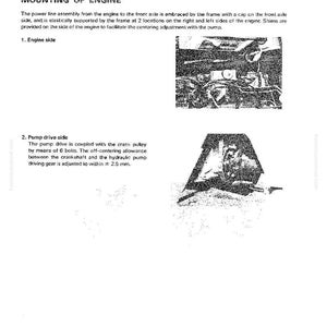 May include: A manual page detailing "MOUNTING OF ENGINE." Text explains the power line assembly and pump drive side. Includes diagrams of engine components. The off-centering allowance is adjusted to within 2.5 mm. Page 11-18.