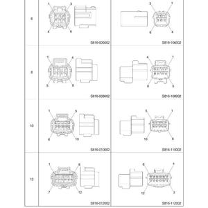 May include: Diagram of electrical connectors, including receptacle and plug connectors, with varying pin counts (6, 8, 10, and 12). Each connector is labeled with a part number, and the image is a technical illustration.