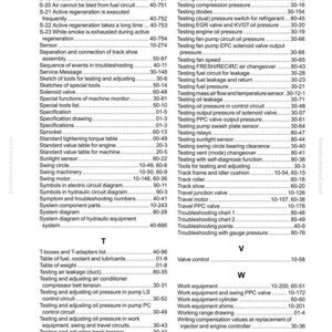 May include: Index page from a Komatsu manual, featuring a table of contents with various testing procedures and component information. The text is black on a white background, with page numbers.