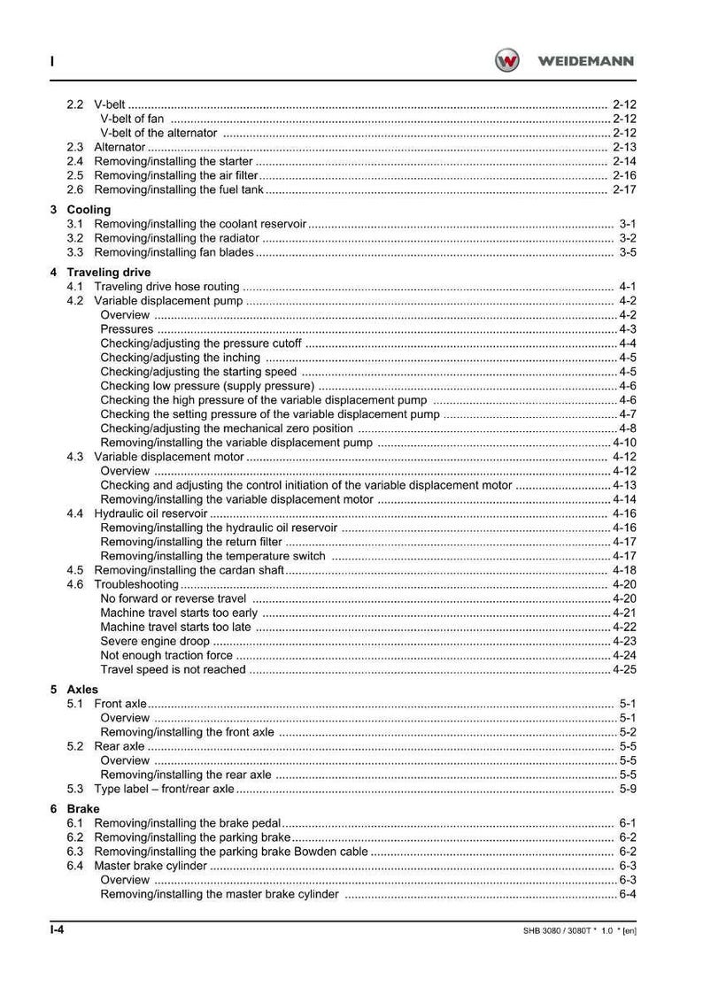 May include: A page from a Weidemann service manual, featuring a table of contents with various automotive repair procedures. The text is in English, with section headings and page numbers.
