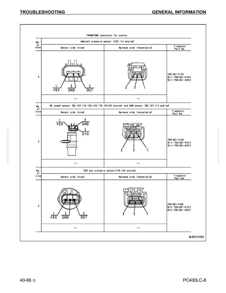 May include: Diagram showing engine connectors, including ambient pressure, NE speed, and EGR pressure sensors. Each sensor diagram details the sensor and harness sides, with pin labels and T-adapter part numbers. The diagram is labelled "Troubleshooting."