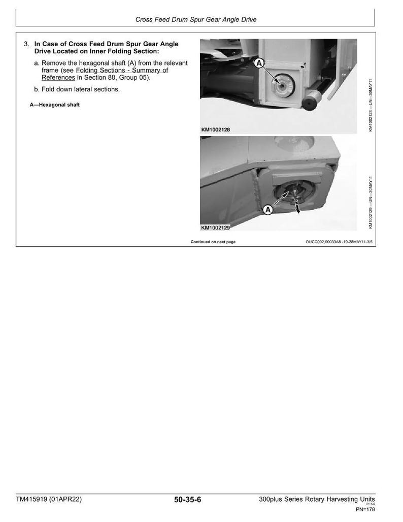 May include: Technical diagram of a cross feed drum spur gear angle drive. The image includes detailed views of the drive's components, labeled with references and part numbers. Text instructions are provided for disassembly and maintenance of the machinery.