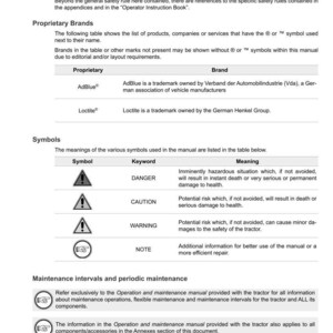Op de afbeelding: Een pagina uit een onderhoudshandleiding voor tractoren met het Argo Tractors-logo. De handleiding bevat secties over merknamen, symbolen en onderhoudsintervallen. Tekst bevat "DANGER", "CAUTION" en "WARNING" symbolen.