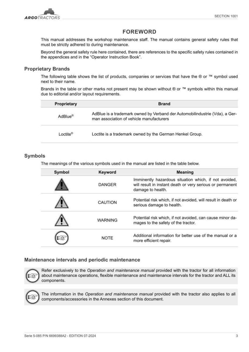 Op de afbeelding: Een pagina uit een onderhoudshandleiding voor tractoren met het Argo Tractors-logo. De handleiding bevat secties over merknamen, symbolen en onderhoudsintervallen. Tekst bevat "DANGER", "CAUTION" en "WARNING" symbolen.