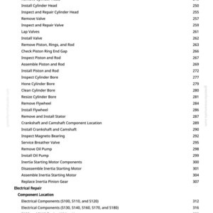 May include: A page from a manual with a list of engine repair procedures, including "Replace Fuel Filter," "Install Cylinder Head," and "Inspect Magneto Bearing." The page also includes page numbers and a website address.