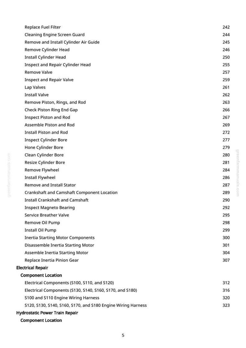 May include: A page from a manual with a list of engine repair procedures, including "Replace Fuel Filter," "Install Cylinder Head," and "Inspect Magneto Bearing." The page also includes page numbers and a website address.