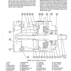May include: Diagram of a hydraulic motor with labeled parts, including shaft, key, retainer ring, and bearing. The image includes text about disassembly and cleaning procedures for the motor.