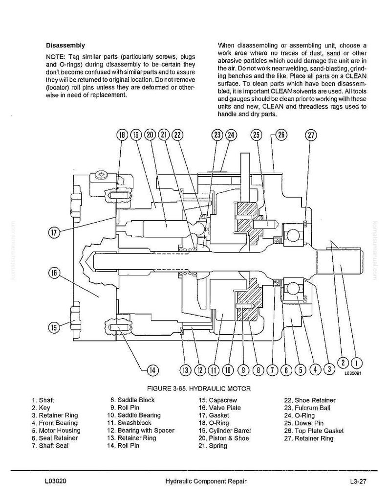 May include: Diagram of a hydraulic motor with labeled parts, including shaft, key, retainer ring, and bearing. The image includes text about disassembly and cleaning procedures for the motor.