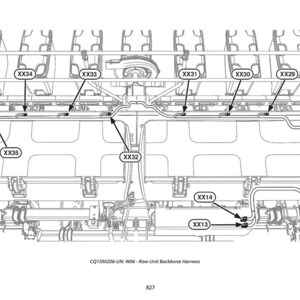 May include: Detailed diagram of a row unit backbone harness, featuring labeled components like XX36, XX34, and XX33. The black and white illustration shows the internal wiring and connections of the system, with text indicating the part numbers and the title of the diagram.